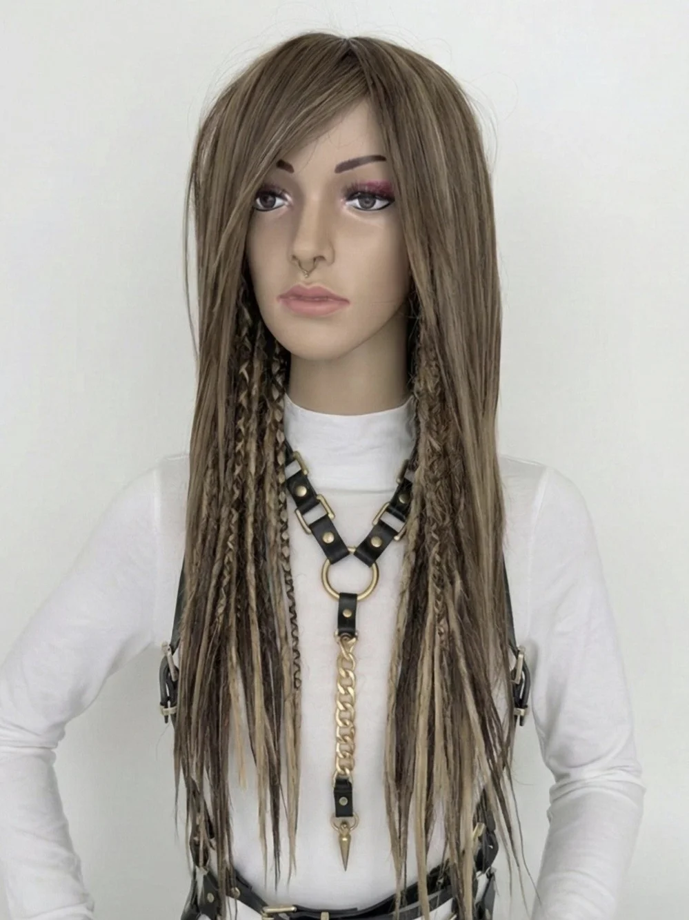 Custom Made Partial Deadlock Synthetic Wig with Blonde Highlights - Taupe Brown